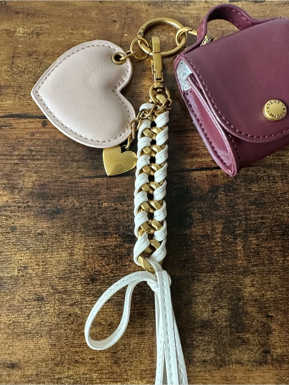 Steve Madden Plum & Cream Faux Leather 3-Piece Bag Charm Keychain Set NWOT